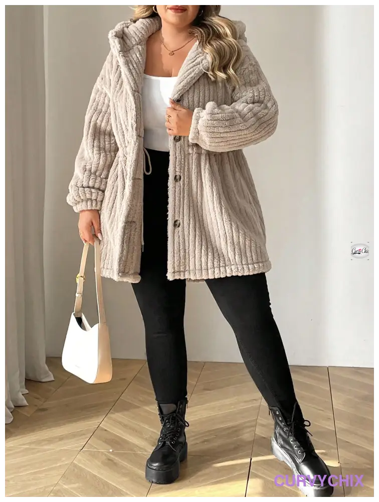 Plus Size Front-Button Hooded Teddy Bear Jacket UK SIZES