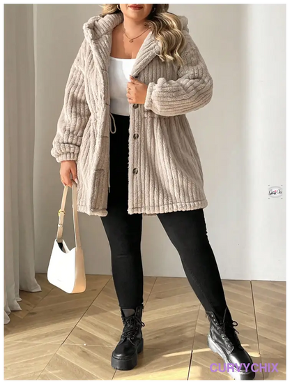 Plus Size Front-Button Hooded Teddy Bear Jacket UK SIZES