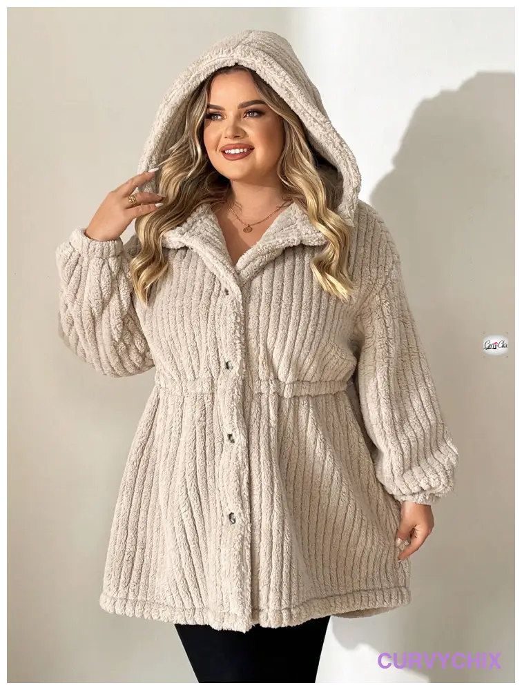 Plus Size Front-Button Hooded Teddy Bear Jacket UK SIZES