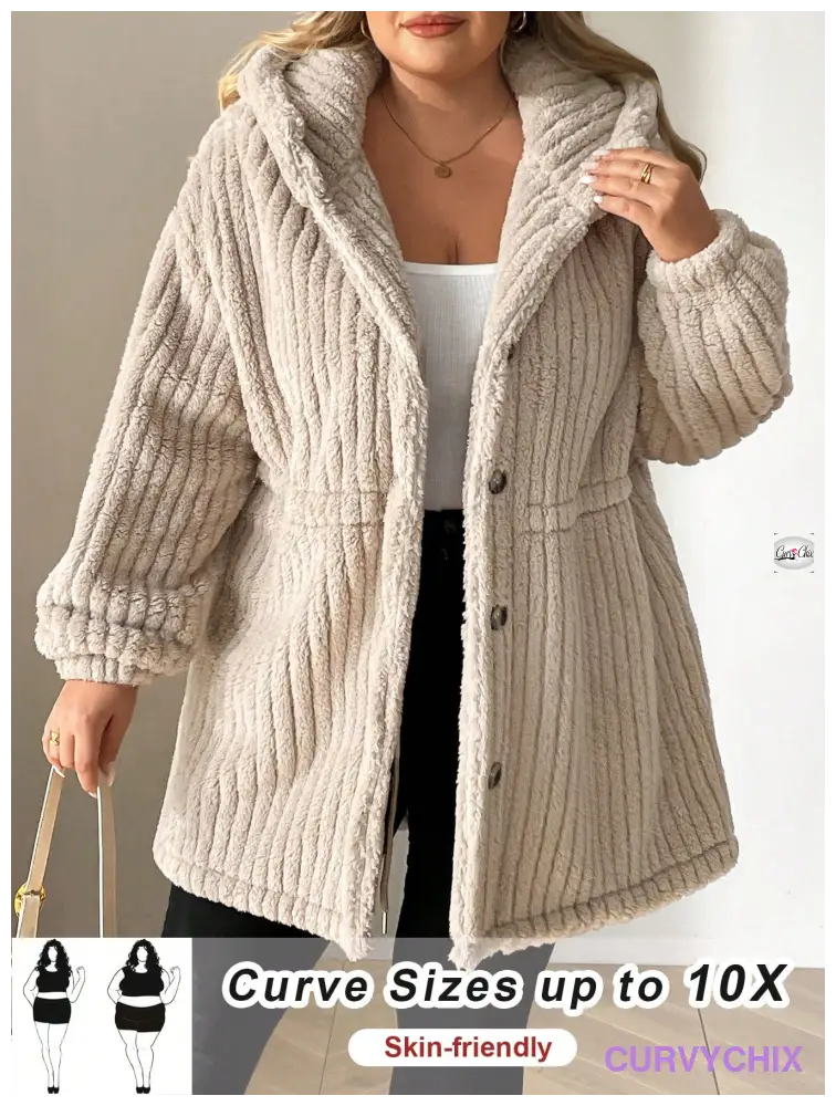 Plus Size Front-Button Hooded Teddy Bear Jacket UK SIZES