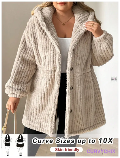 Plus Size Front-Button Hooded Teddy Bear Jacket UK SIZES