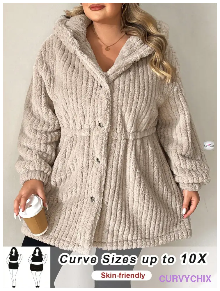 Plus Size Front-Button Hooded Teddy Bear Jacket UK SIZES