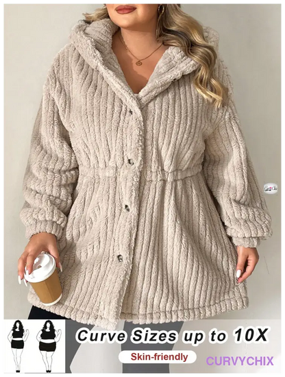 Plus Size Front-Button Hooded Teddy Bear Jacket UK SIZES