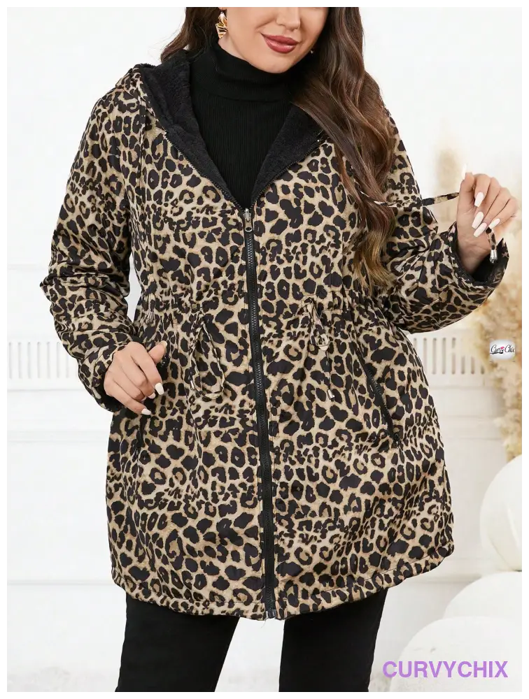 Plus Size Reversible Leopard Print Hooded Zipper Long Sleeve Jacket Coats