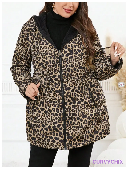 Plus Size Reversible Leopard Print Hooded Zipper Long Sleeve Jacket Coats