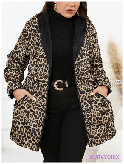 Plus Size Reversible Leopard Print Hooded Zipper Long Sleeve Jacket Coats