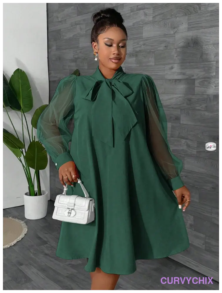 Plus Size Elegant Solid Colour Puff Sleeve Tie Collar Dress Dresses