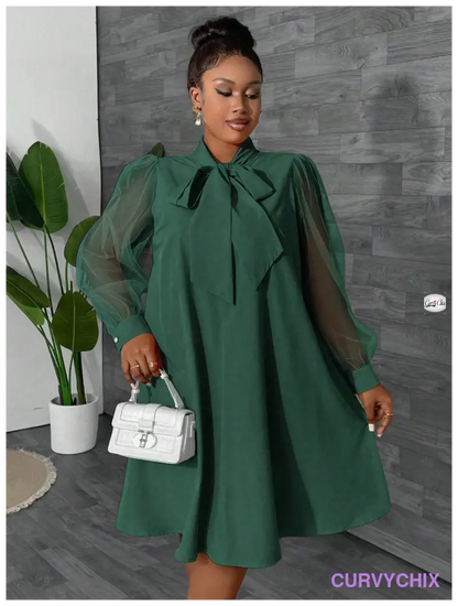 Plus Size Elegant Solid Colour Puff Sleeve Tie Collar Dress Dresses