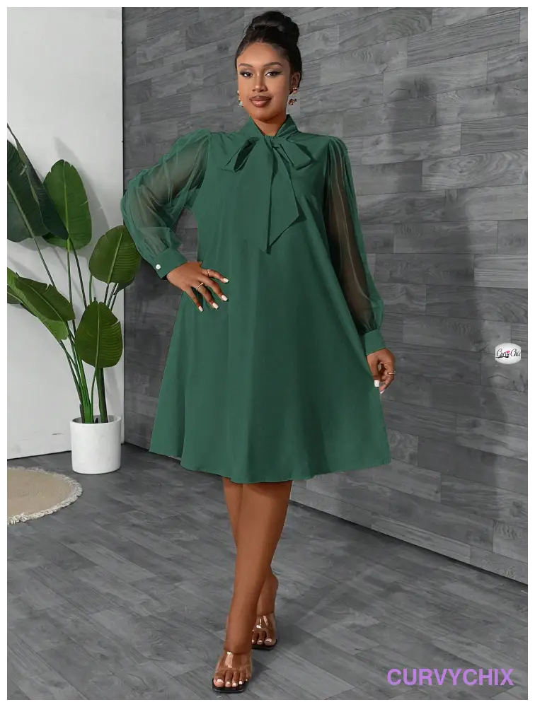 Plus Size Elegant Solid Colour Puff Sleeve Tie Collar Dress Dresses