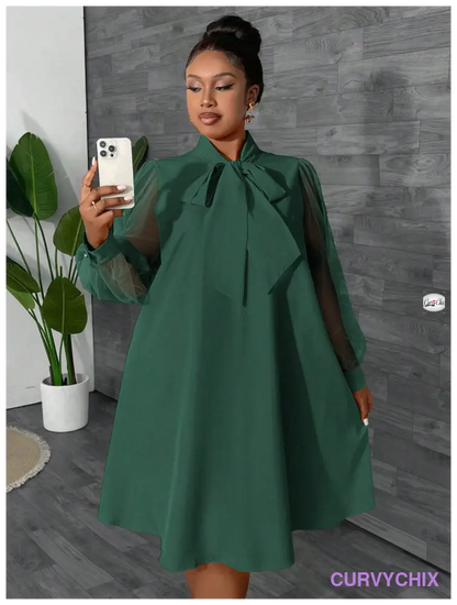 Plus Size Elegant Solid Colour Puff Sleeve Tie Collar Dress Dresses