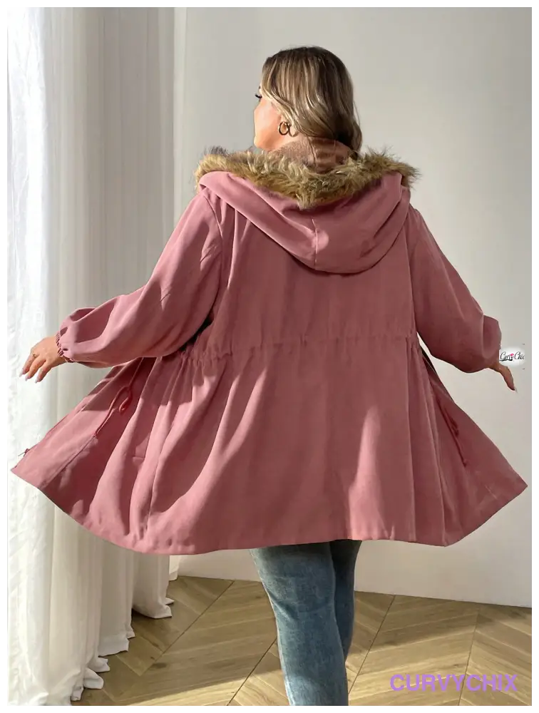 Plus Size Detail Drawstring Waist Teddy Lined Fuzzy Trim Hooded Parka Coat Coats