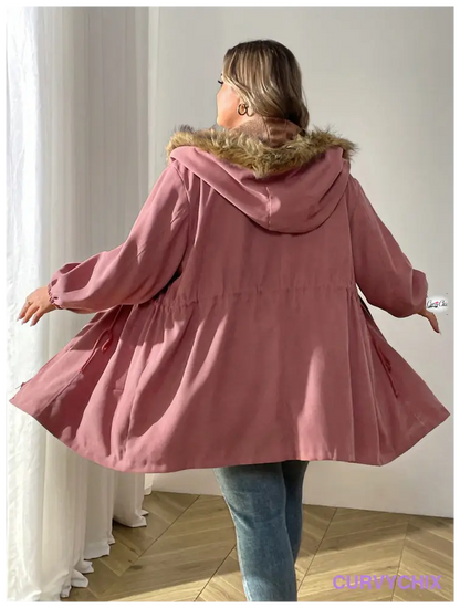 Plus Size Detail Drawstring Waist Teddy Lined Fuzzy Trim Hooded Parka Coat Coats