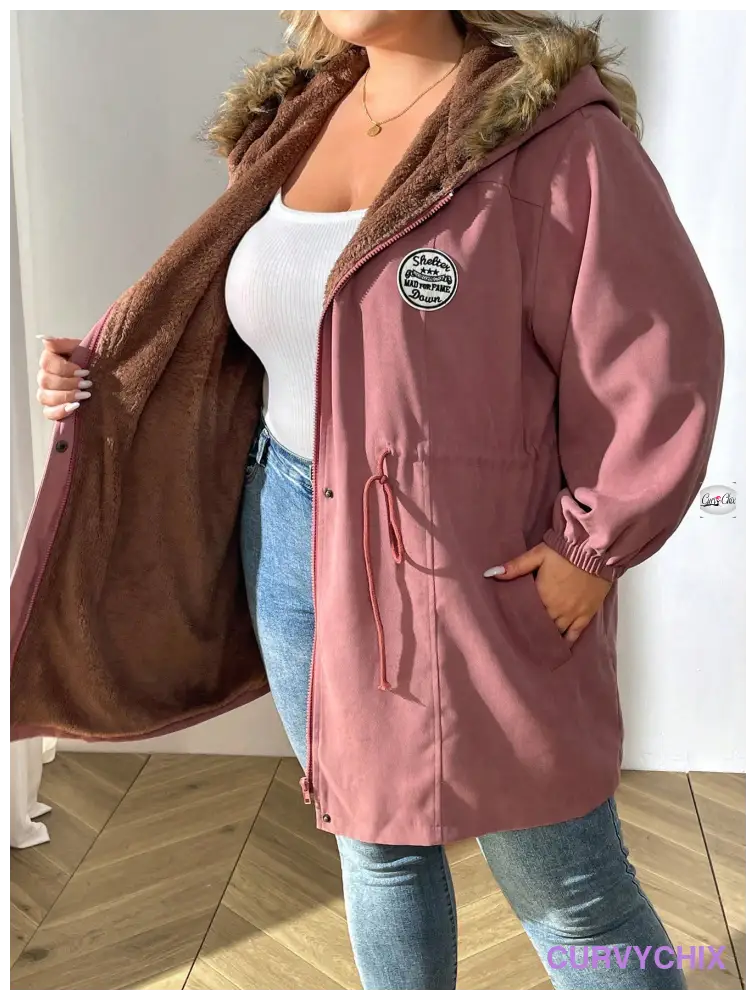 Plus Size Detail Drawstring Waist Teddy Lined Fuzzy Trim Hooded Parka Coat Coats