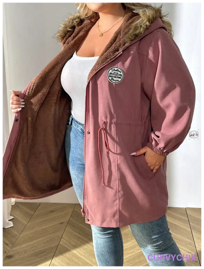 Plus Size Detail Drawstring Waist Teddy Lined Fuzzy Trim Hooded Parka Coat Coats