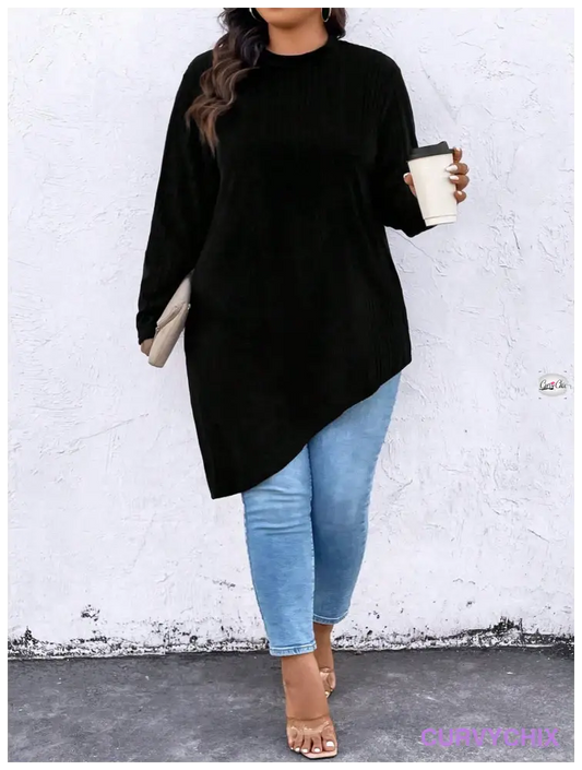 Plus Size Textured Rib Knit Asymmetrical Hem Long Sleeve T-Shirt T-Shirts