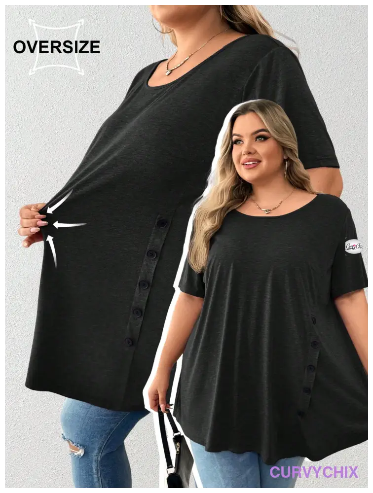 Plus Size Button Detail Asymmetrical Hem Top UK SIZES 26-38