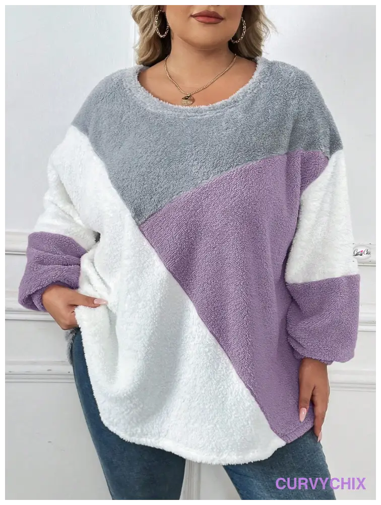 Plus Size Drop Shoulder Fuzzy Sweatshirt Asymmetrical Top