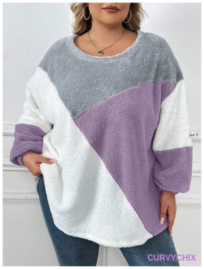 Plus Size Drop Shoulder Fuzzy Sweatshirt Asymmetrical Top