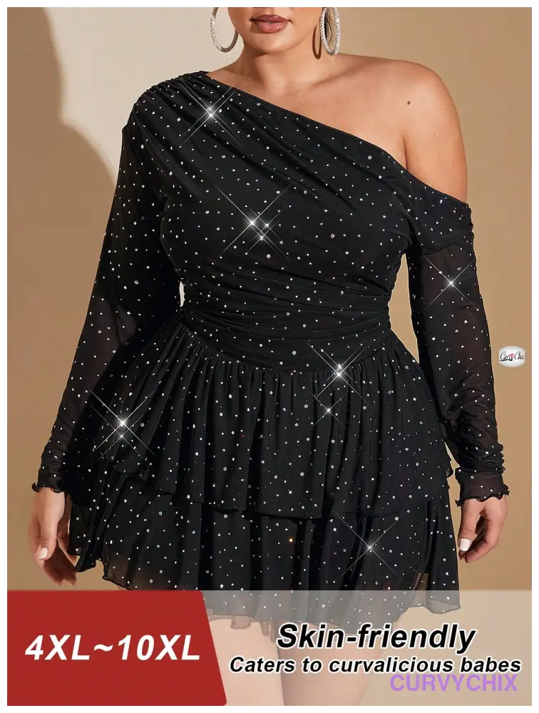 Plus Size Elegant Glittery Asymmetrical Shoulder Flounce