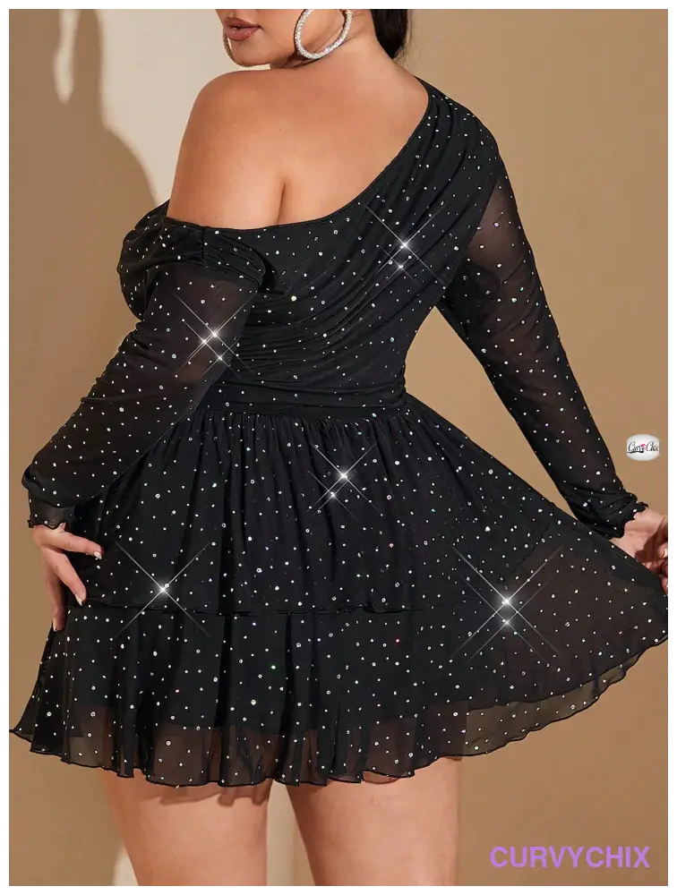 Plus Size Elegant Glittery Asymmetrical Shoulder Flounce