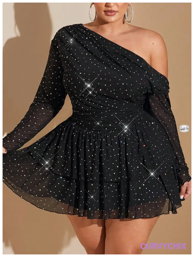 Plus Size Elegant Glittery Asymmetrical Shoulder Flounce