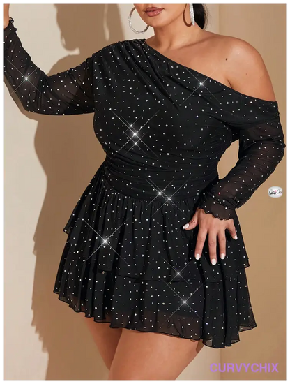 Plus Size Elegant Glittery Asymmetrical Shoulder Flounce