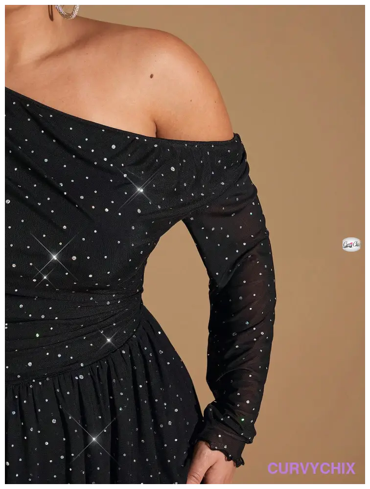 Plus Size Elegant Glittery Asymmetrical Shoulder Flounce