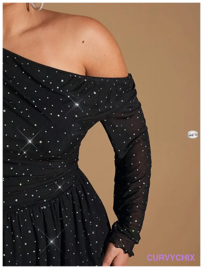 Plus Size Elegant Glittery Asymmetrical Shoulder Flounce