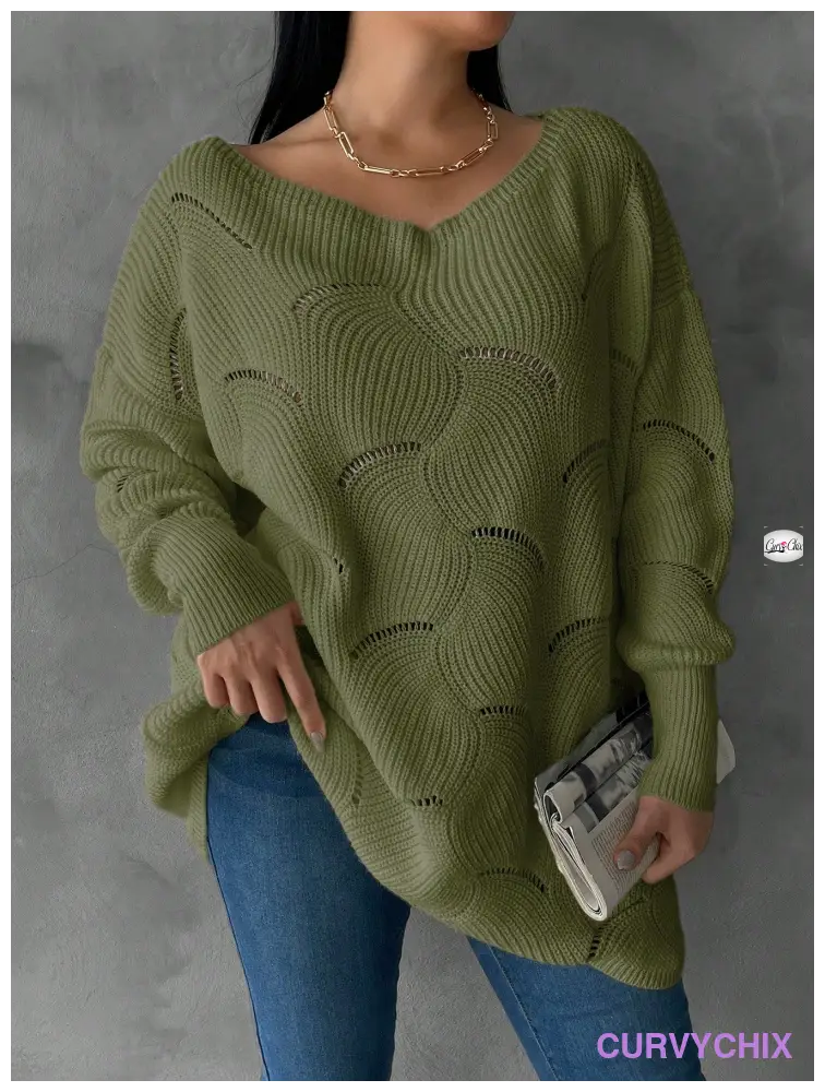 Plus Size Hollow Knitted Loose Fit Pullover Sweater Sweaters