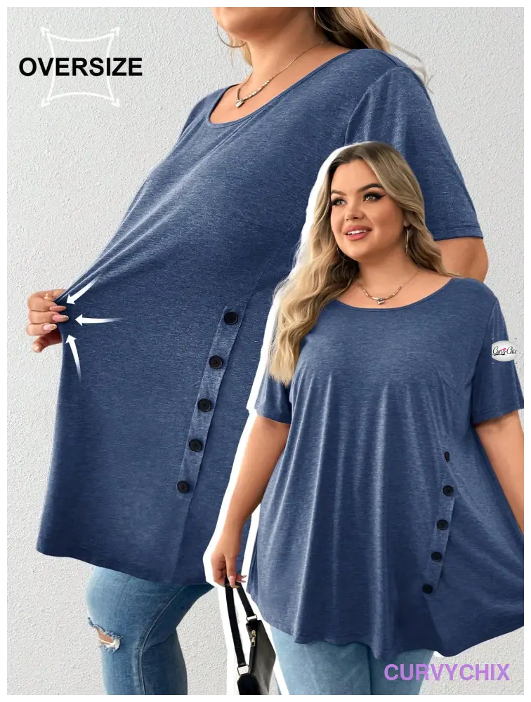 Plus Size Button Detail Asymmetrical Hem Top UK SIZES 26-38