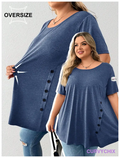 Plus Size Button Detail Asymmetrical Hem Top UK SIZES 26-38