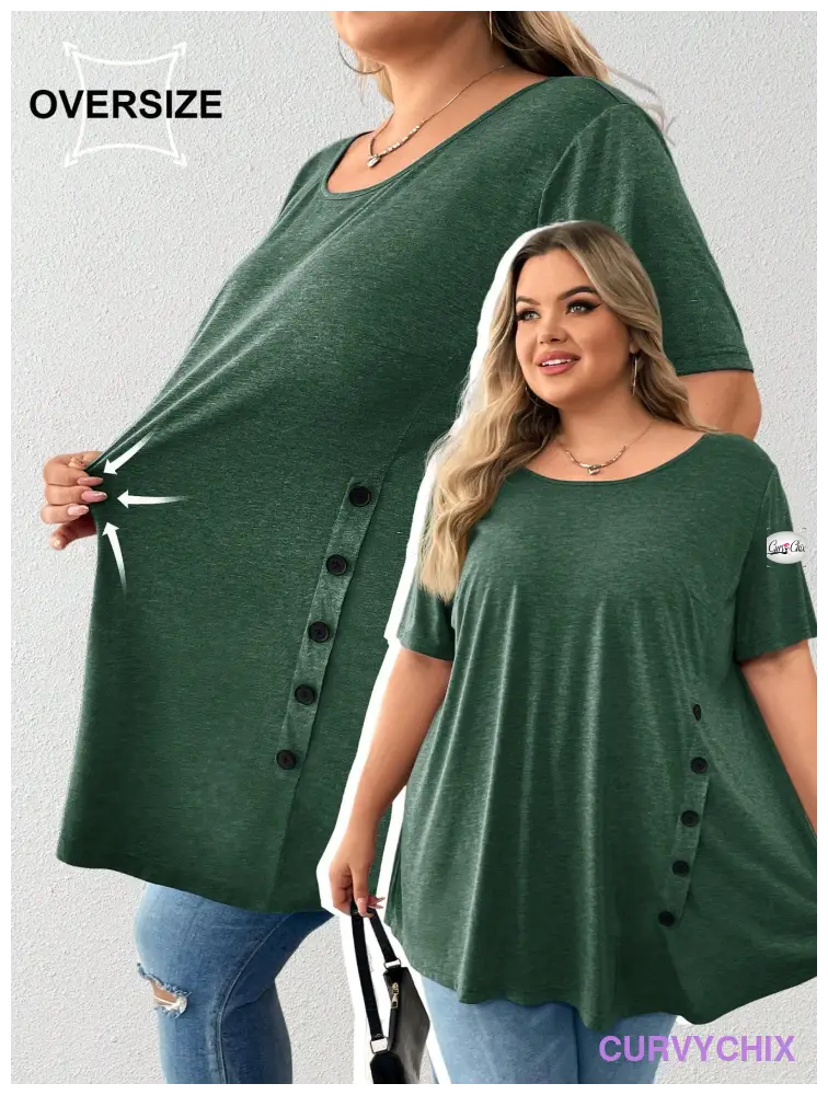 Plus Size Button Detail Asymmetrical Hem Top UK SIZES 26-38