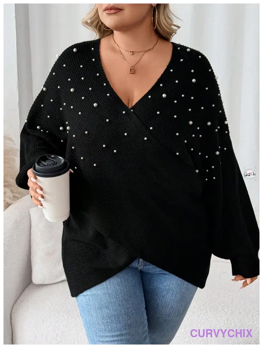 Plus Size Pearl Decor Crossed Wrap Batwing Sweater UK SIZES