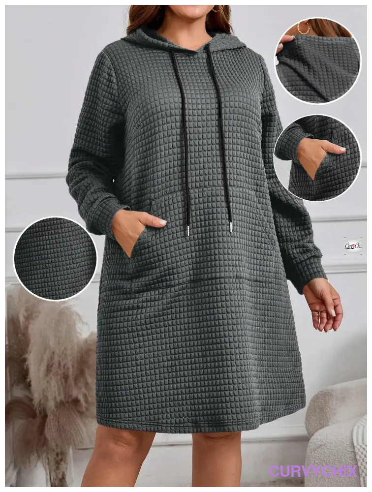 Plus Size Hooded Neck Tie Pocket Long Sleeve Dress Dresses