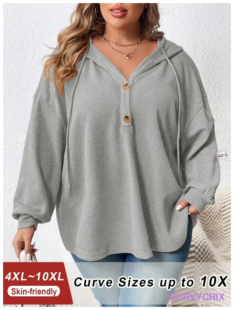 Plus Size Half Button Drop Shoulder Drawstring Hoodie UK