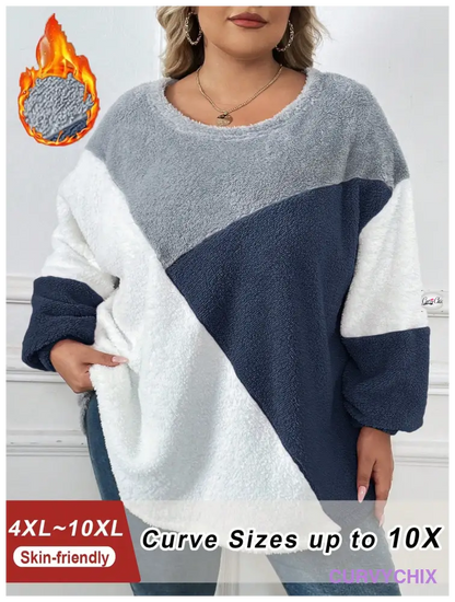 Plus Size Drop Shoulder Fuzzy Sweatshirt Asymmetrical Top