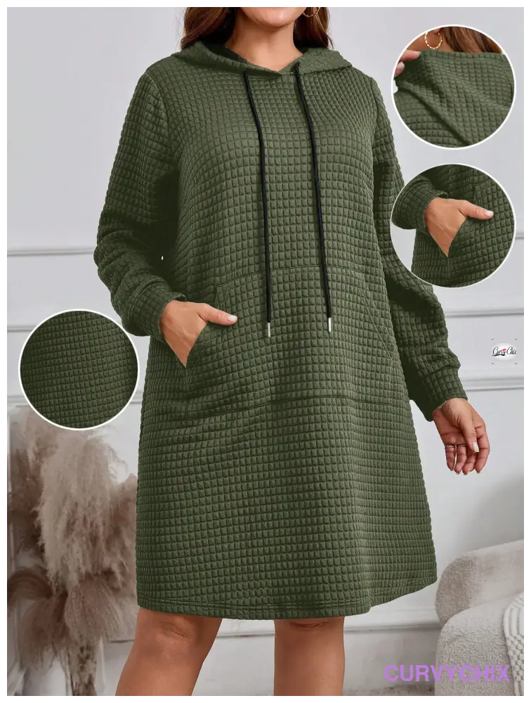 Plus Size Hooded Neck Tie Pocket Long Sleeve Dress Dresses