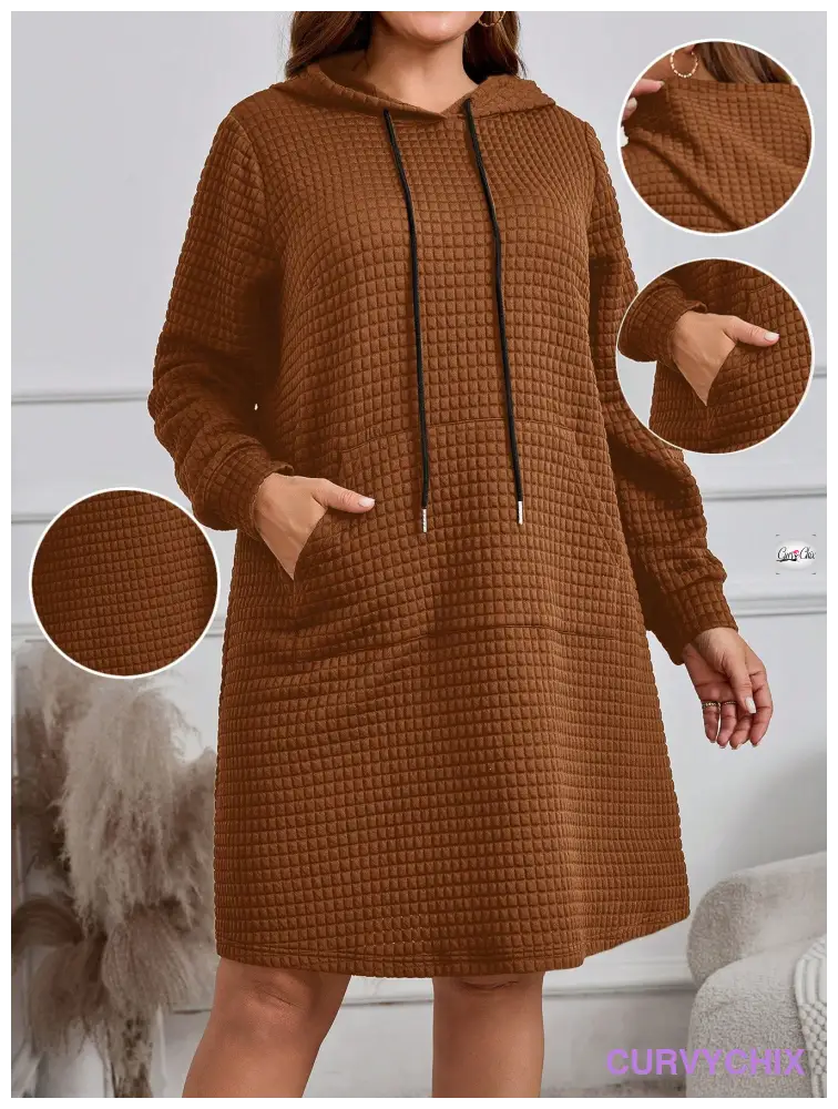 Plus Size Hooded Neck Tie Pocket Long Sleeve Dress Dresses