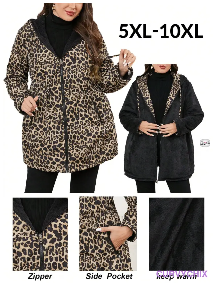 Plus Size Reversible Leopard Print Hooded Zipper Long Sleeve Jacket Coats