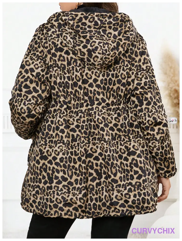 Plus Size Reversible Leopard Print Hooded Zipper Long Sleeve Jacket Coats