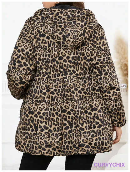 Plus Size Reversible Leopard Print Hooded Zipper Long Sleeve Jacket Coats