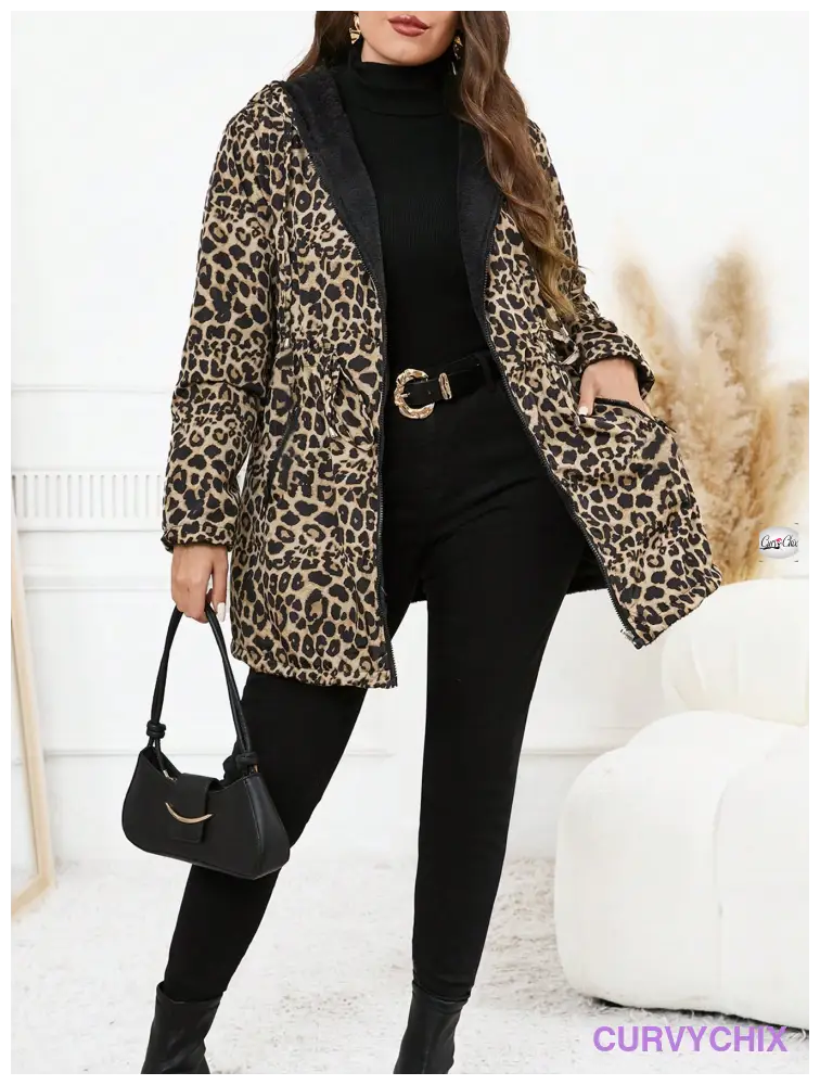 Plus Size Reversible Leopard Print Hooded Zipper Long Sleeve Jacket Coats