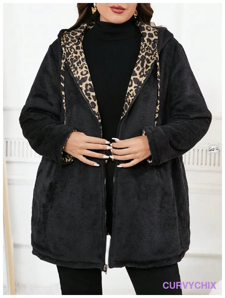 Plus Size Reversible Leopard Print Hooded Zipper Long Sleeve Jacket Coats