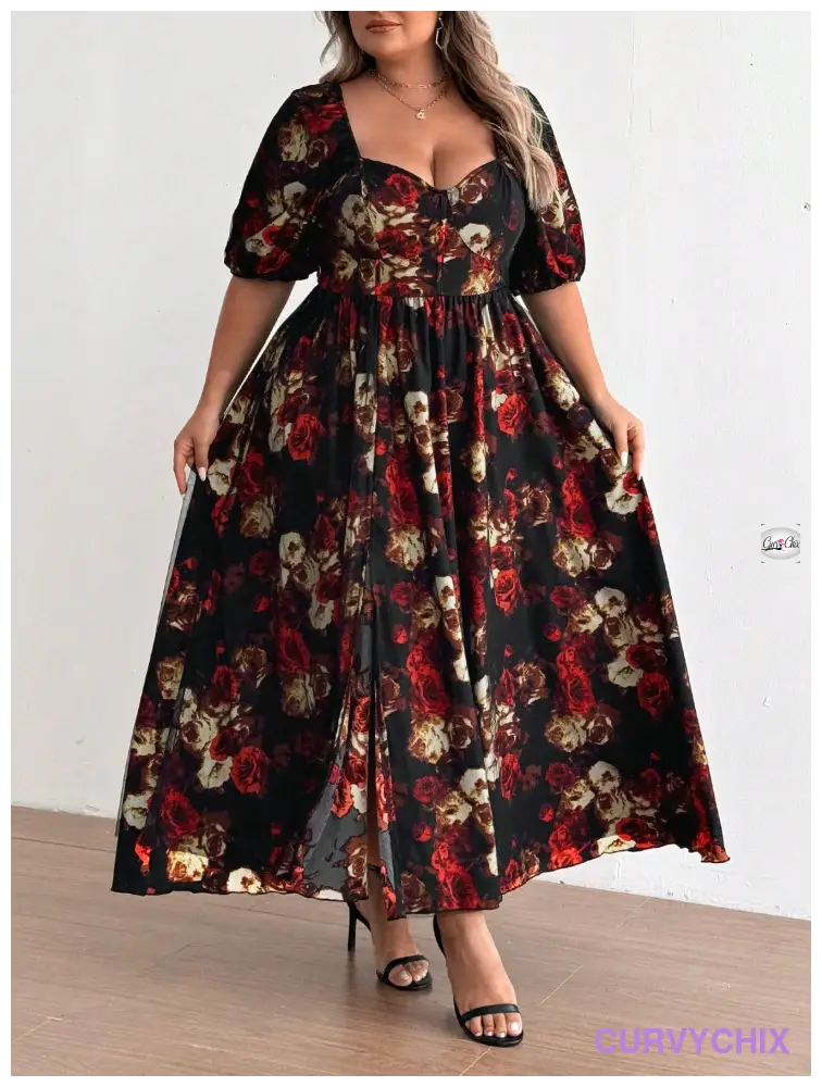 Plus Size Romantic Red Floral Mesh High Slit Heart Neck