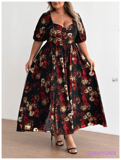 Plus Size Romantic Red Floral Mesh High Slit Heart Neck