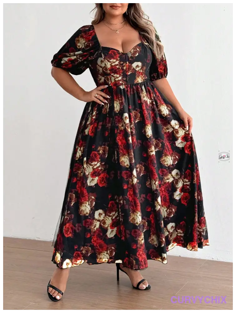 Plus Size Romantic Red Floral Mesh High Slit Heart Neck