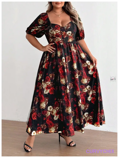 Plus Size Romantic Red Floral Mesh High Slit Heart Neck