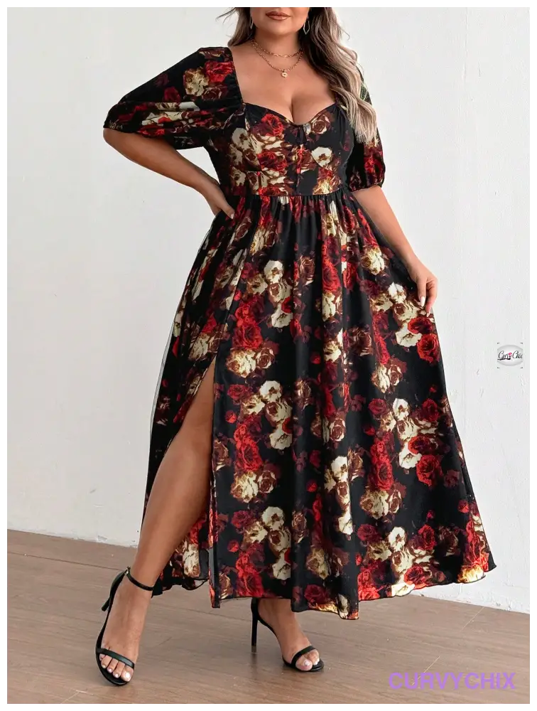 Plus Size Romantic Red Floral Mesh High Slit Heart Neck