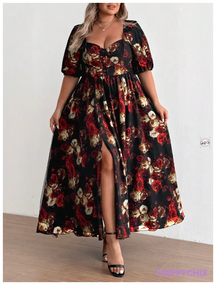 Plus Size Romantic Red Floral Mesh High Slit Heart Neck