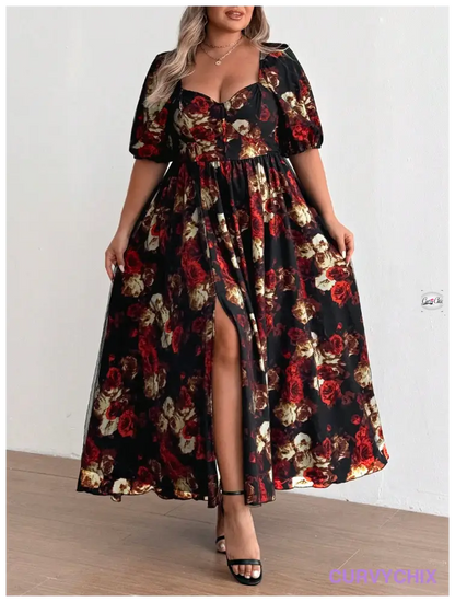 Plus Size Romantic Red Floral Mesh High Slit Heart Neck